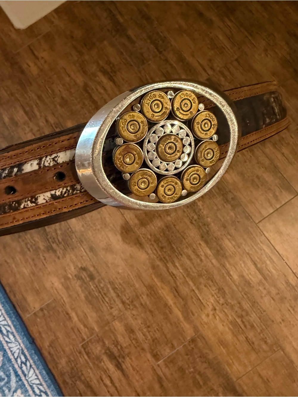 Nocona Belt Co Men’s Western Leather Belt Size 46 Brown Camo 12 Gauge Shell Buck